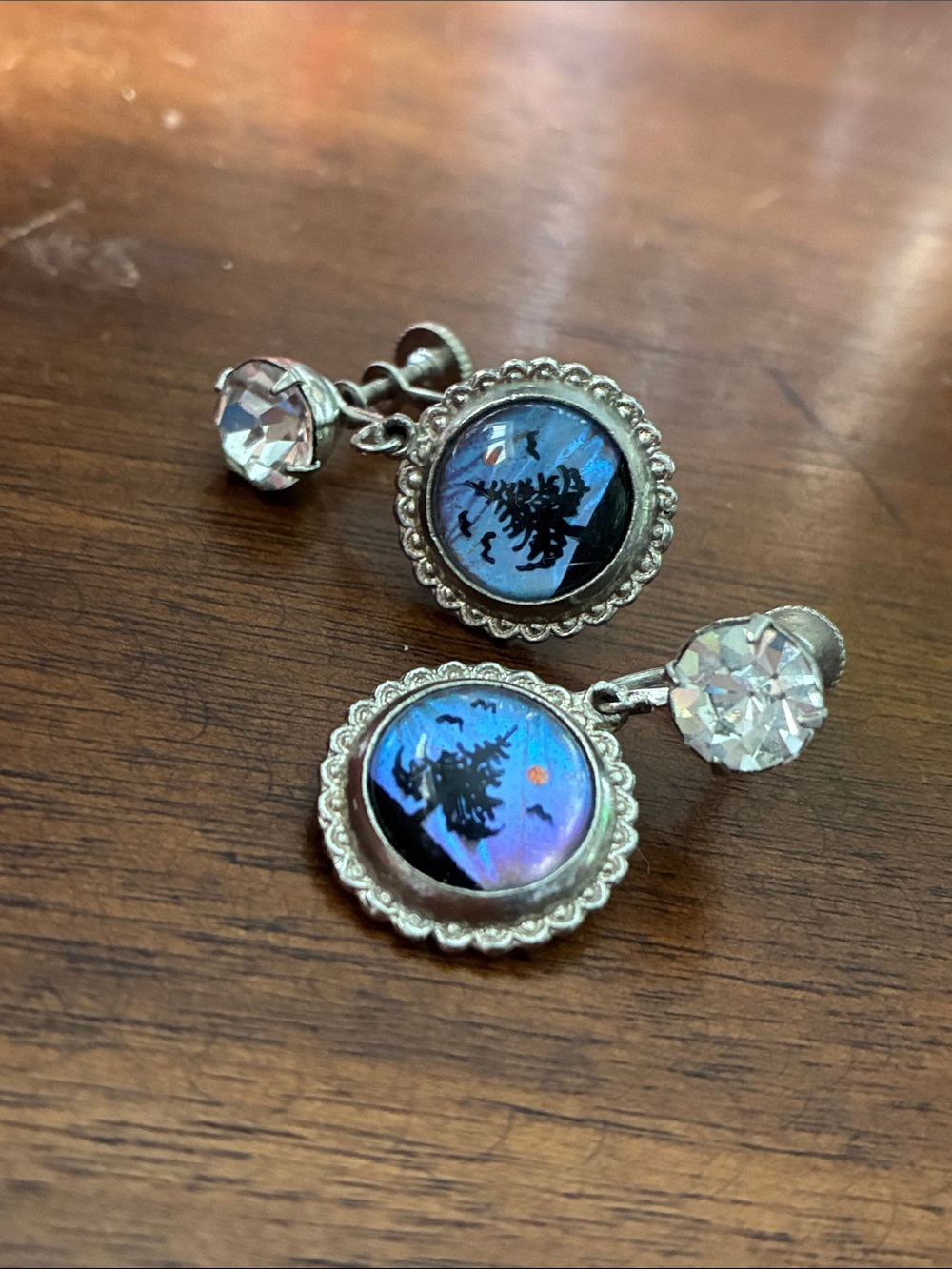Silver-Tone Blue Iridescent Halloween Dangle Clip-On / Screw-Back Earrings
